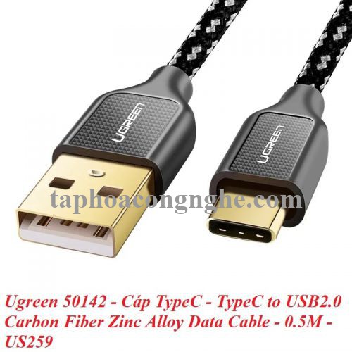 Ugreen 50142 0.5M màu Đen Cáp sạc truyền dữ liệu USB 2.0 sang TYPE C vỏ bọc lưới đầu mạ vàng US259 30050142